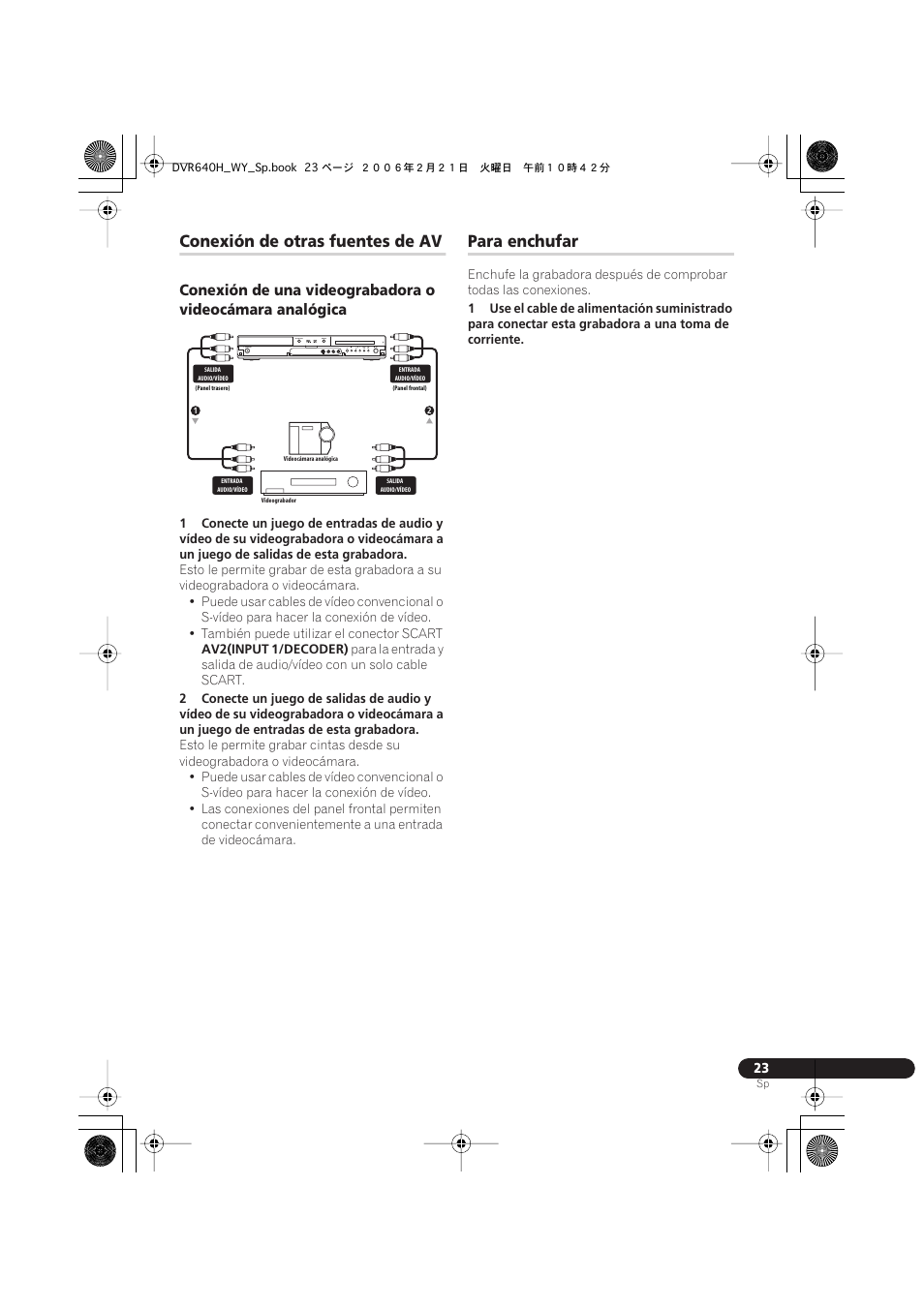 Conexión de otras fuentes de av, Para enchufar | Pioneer DVR-540H-S User Manual | Page 23 / 144