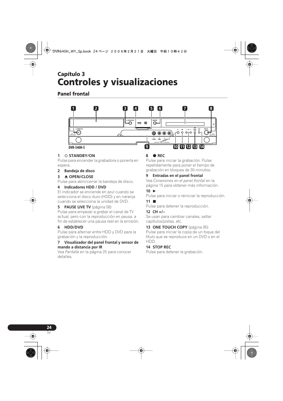 03 controles y visualizaciones, Panel frontal, Controles y visualizaciones | Capítulo 3 | Pioneer DVR-540H-S User Manual | Page 24 / 144