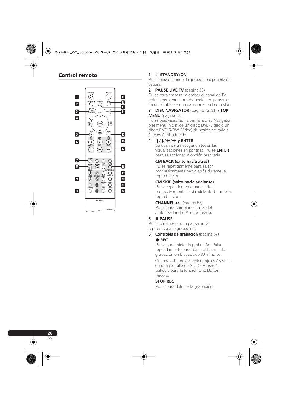 Control remoto | Pioneer DVR-540H-S User Manual | Page 26 / 144