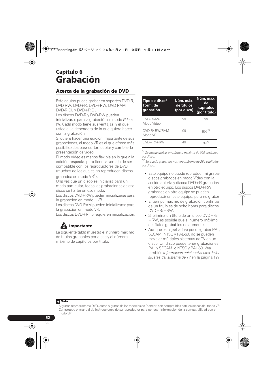 06 grabación, Acerca de la grabación de dvd, Grabación | Capítulo 6 | Pioneer DVR-540H-S User Manual | Page 52 / 144