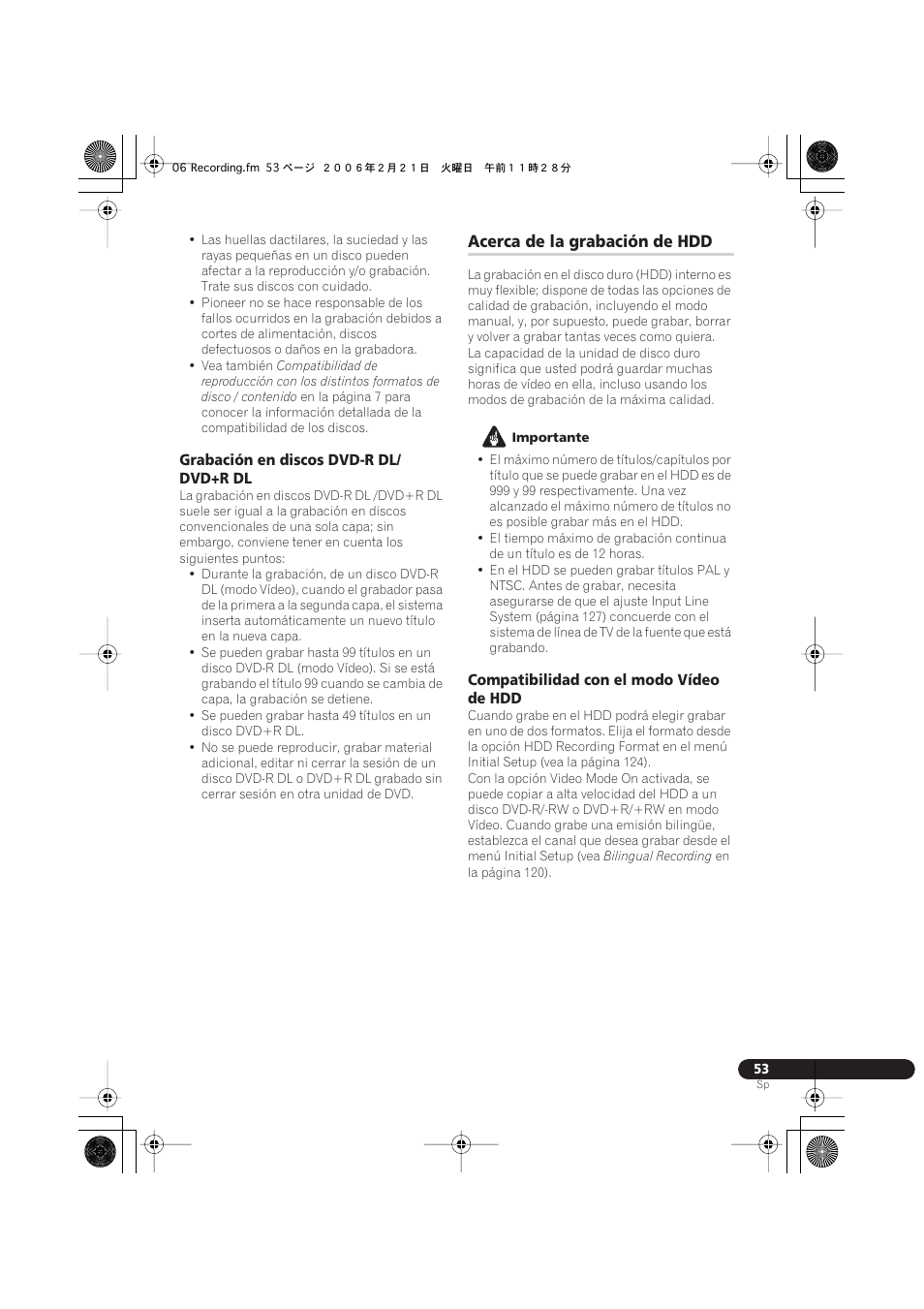 Acerca de la grabación de hdd | Pioneer DVR-540H-S User Manual | Page 53 / 144