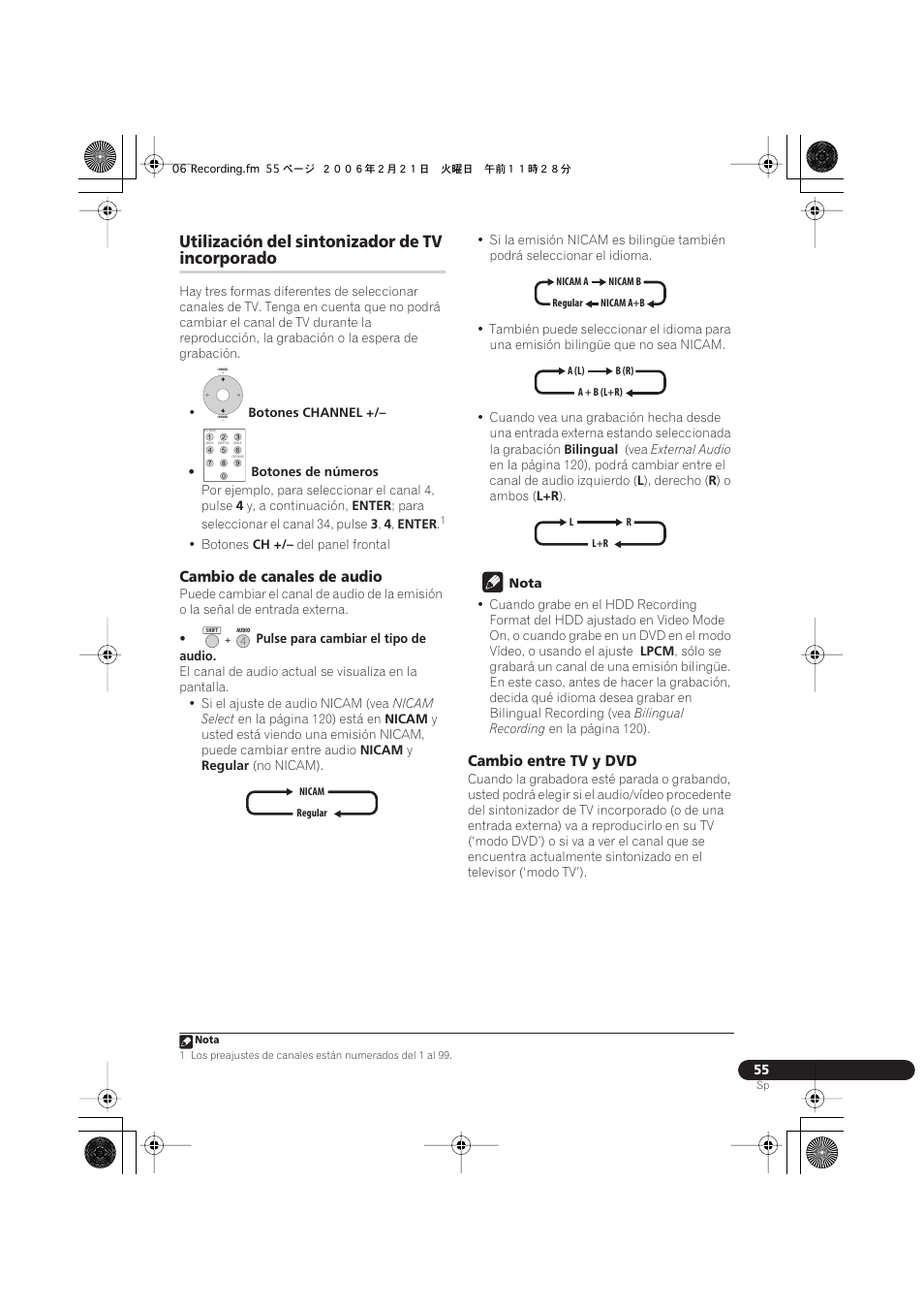 Utilización del sintonizador de tv incorporado, Utilización del sintonizador de tv, Incorporado | Cambio de canales de audio, Cambio entre tv y dvd | Pioneer DVR-540H-S User Manual | Page 55 / 144