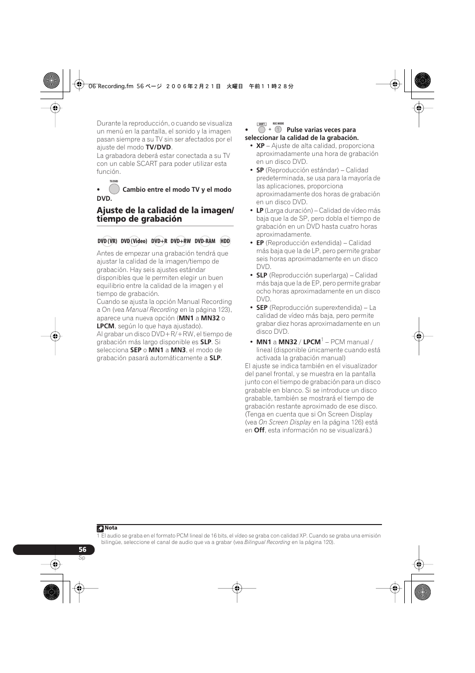Ajuste de la calidad de la imagen, Tiempo de grabación | Pioneer DVR-540H-S User Manual | Page 56 / 144