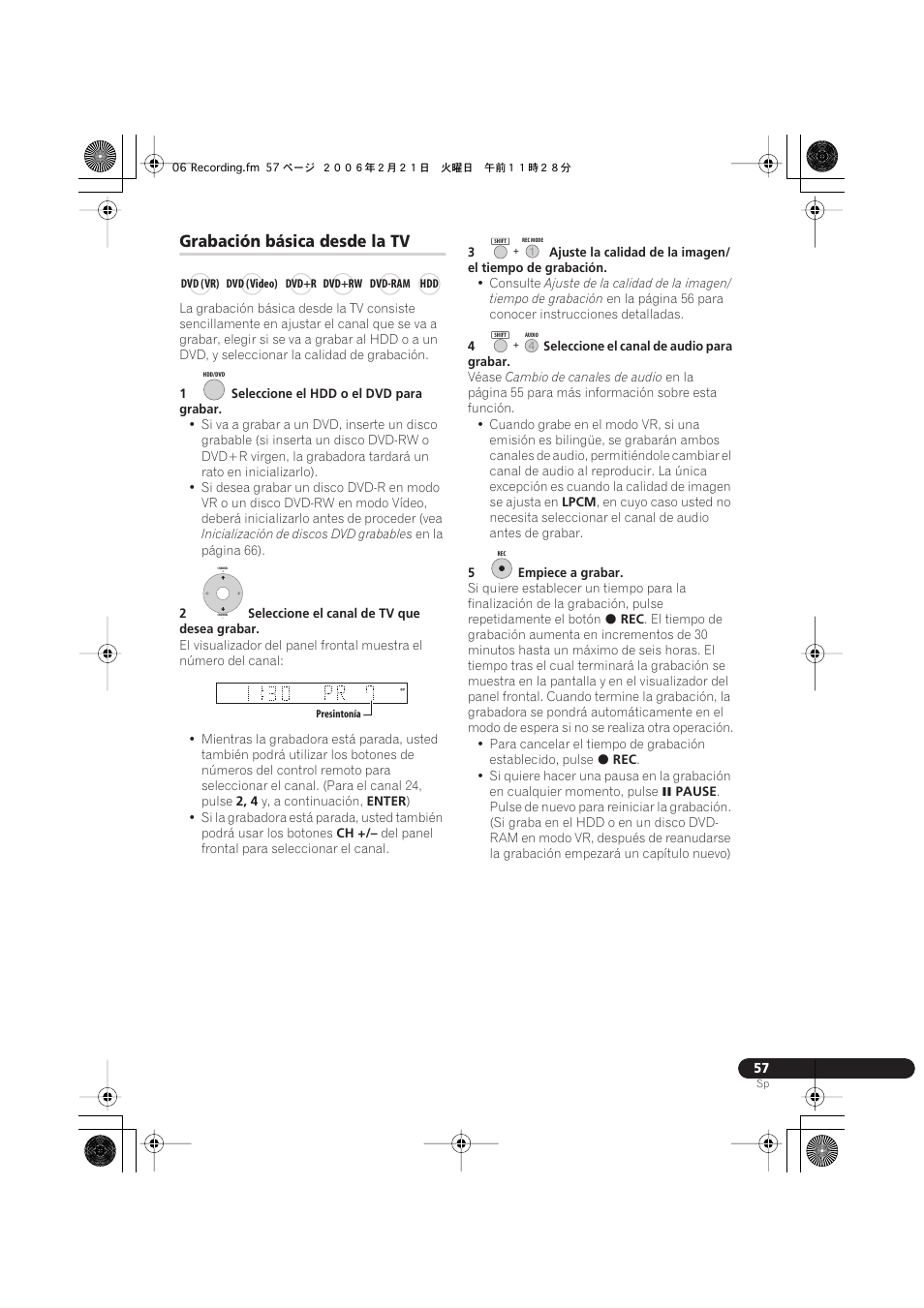 Grabación básica desde la tv | Pioneer DVR-540H-S User Manual | Page 57 / 144