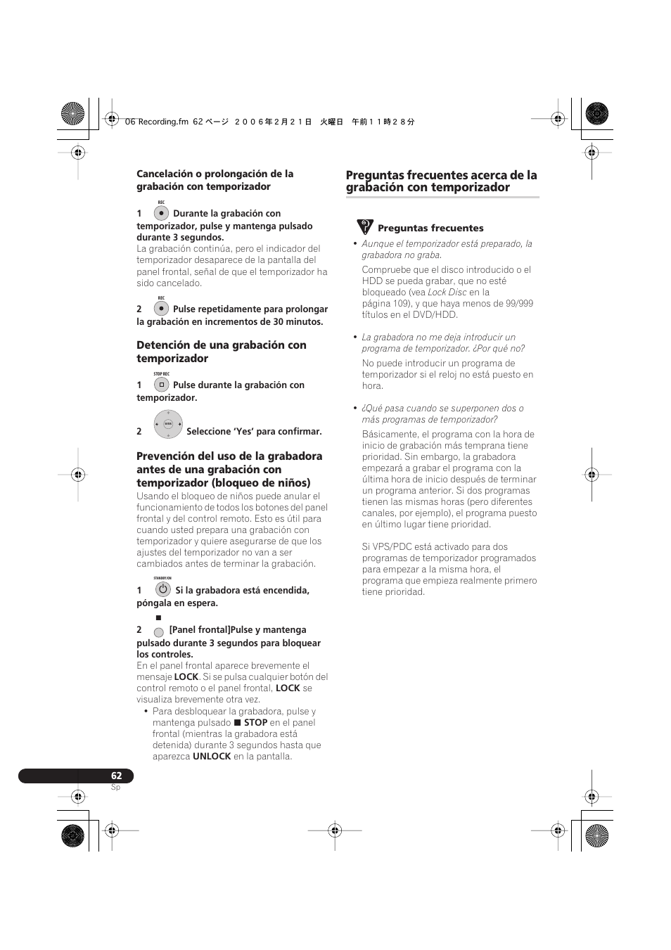 Preguntas frecuentes acerca de la, Grabación con temporizador | Pioneer DVR-540H-S User Manual | Page 62 / 144