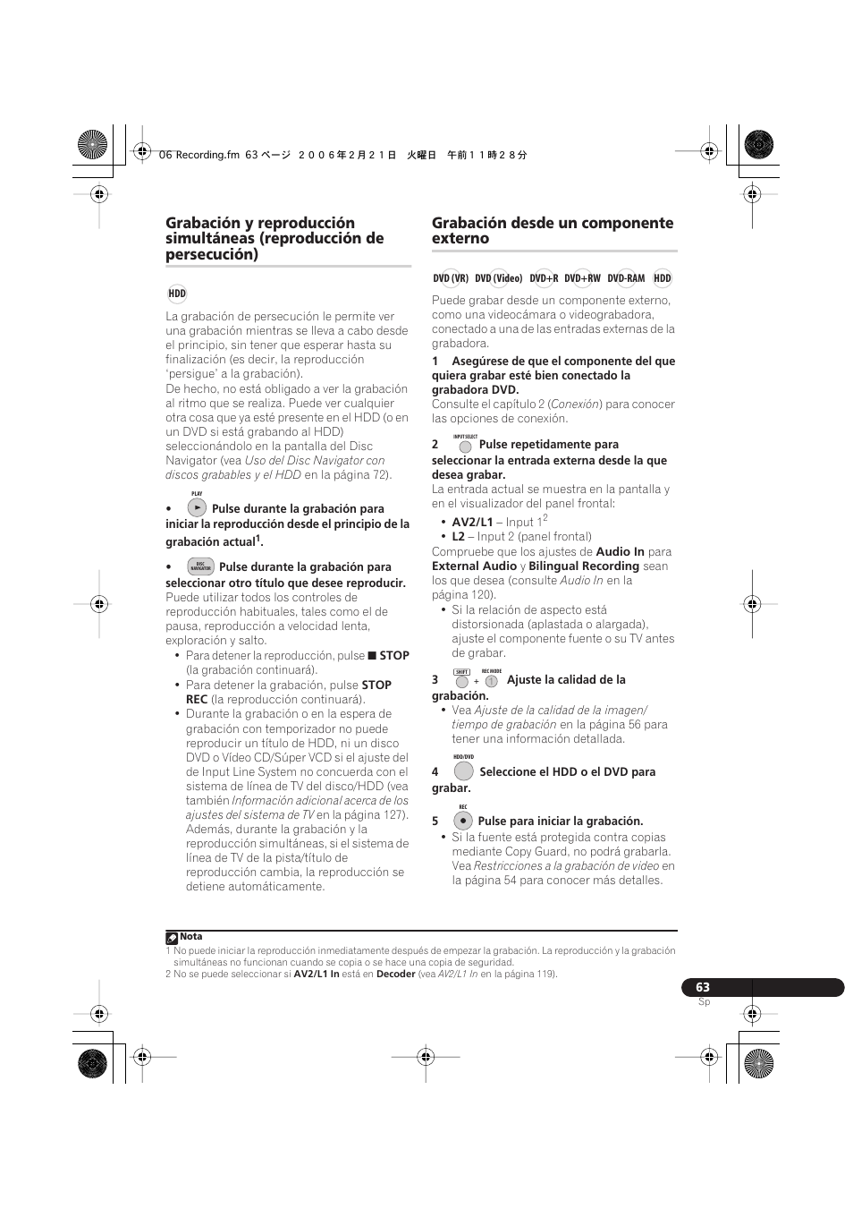 Grabación desde un componente externo, Persecución), Grabación desde un componente | Externo | Pioneer DVR-540H-S User Manual | Page 63 / 144