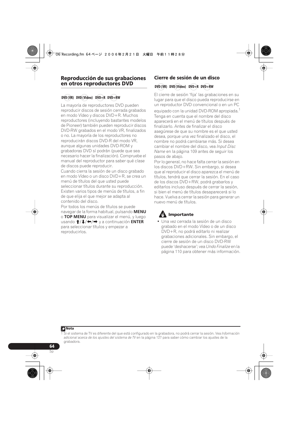 Reproducción de sus grabaciones, En otros reproductores dvd | Pioneer DVR-540H-S User Manual | Page 64 / 144