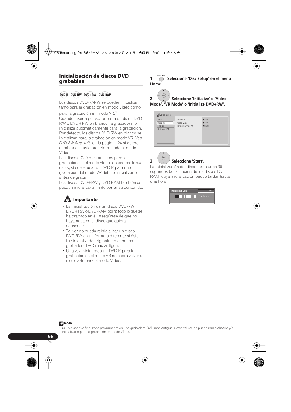 Inicialización de discos dvd grabables, Inicialización de discos dvd, Grabables | Pioneer DVR-540H-S User Manual | Page 66 / 144