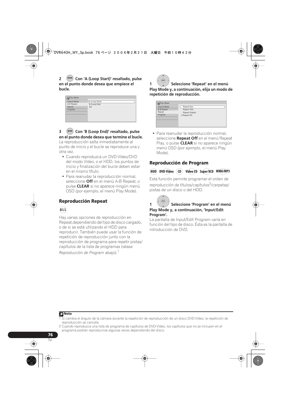 Reproducción repeat, Reproducción de program | Pioneer DVR-540H-S User Manual | Page 76 / 144