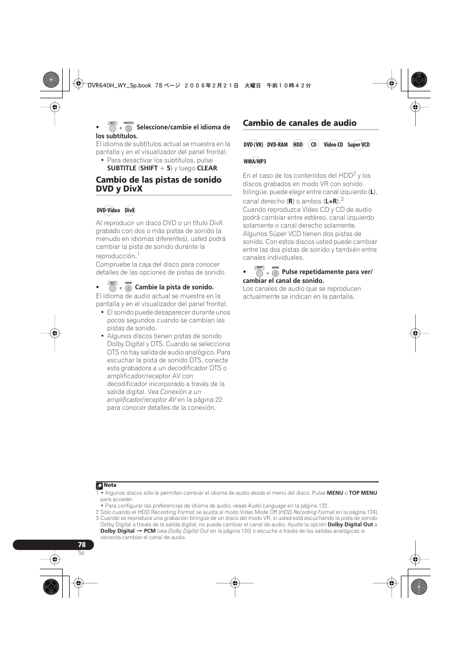 Cambio de las pistas de sonido dvd y divx, Cambio de canales de audio, Cambio de las pistas de sonido | Dvd y divx | Pioneer DVR-540H-S User Manual | Page 78 / 144