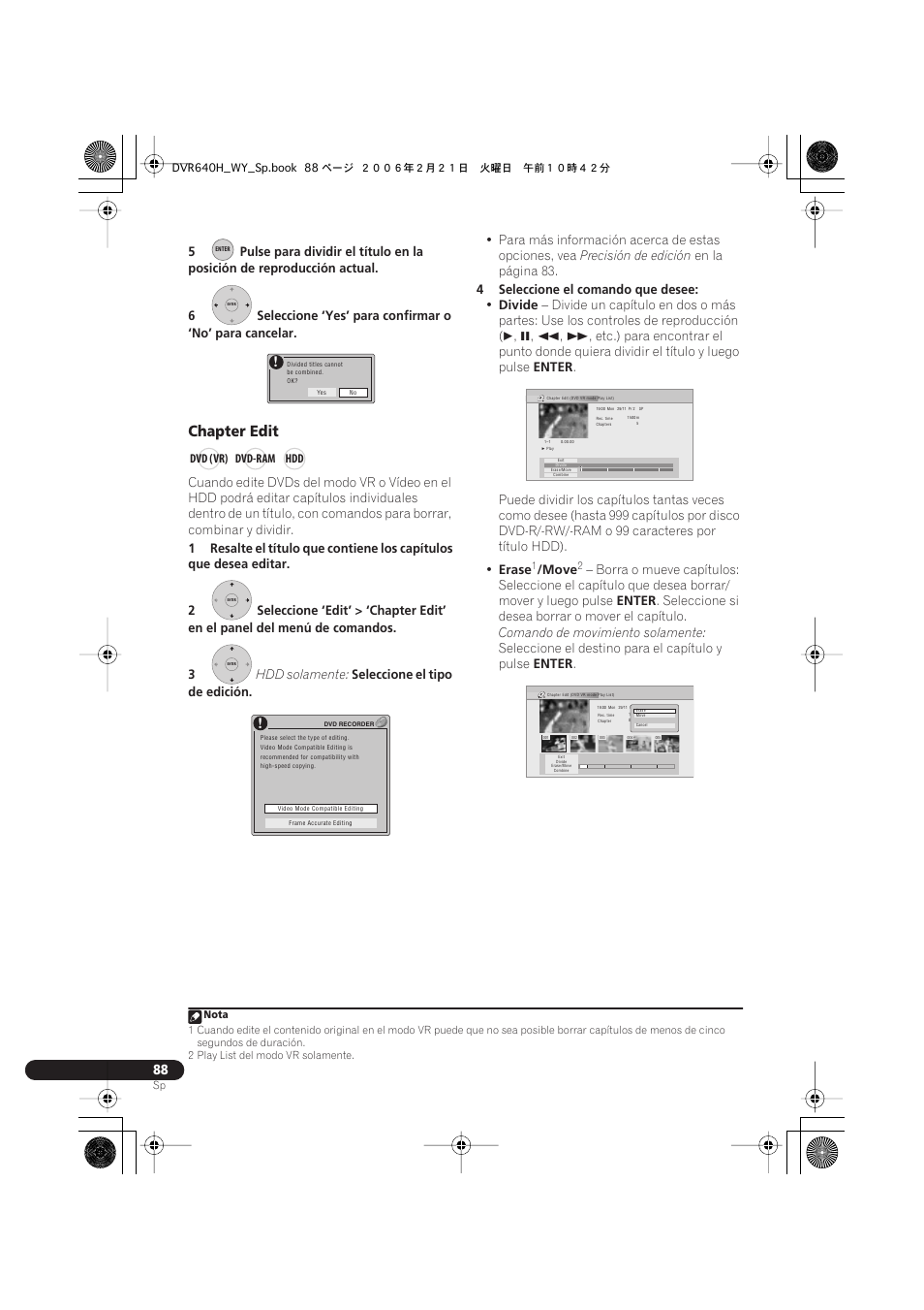 Chapter edit | Pioneer DVR-540H-S User Manual | Page 88 / 144