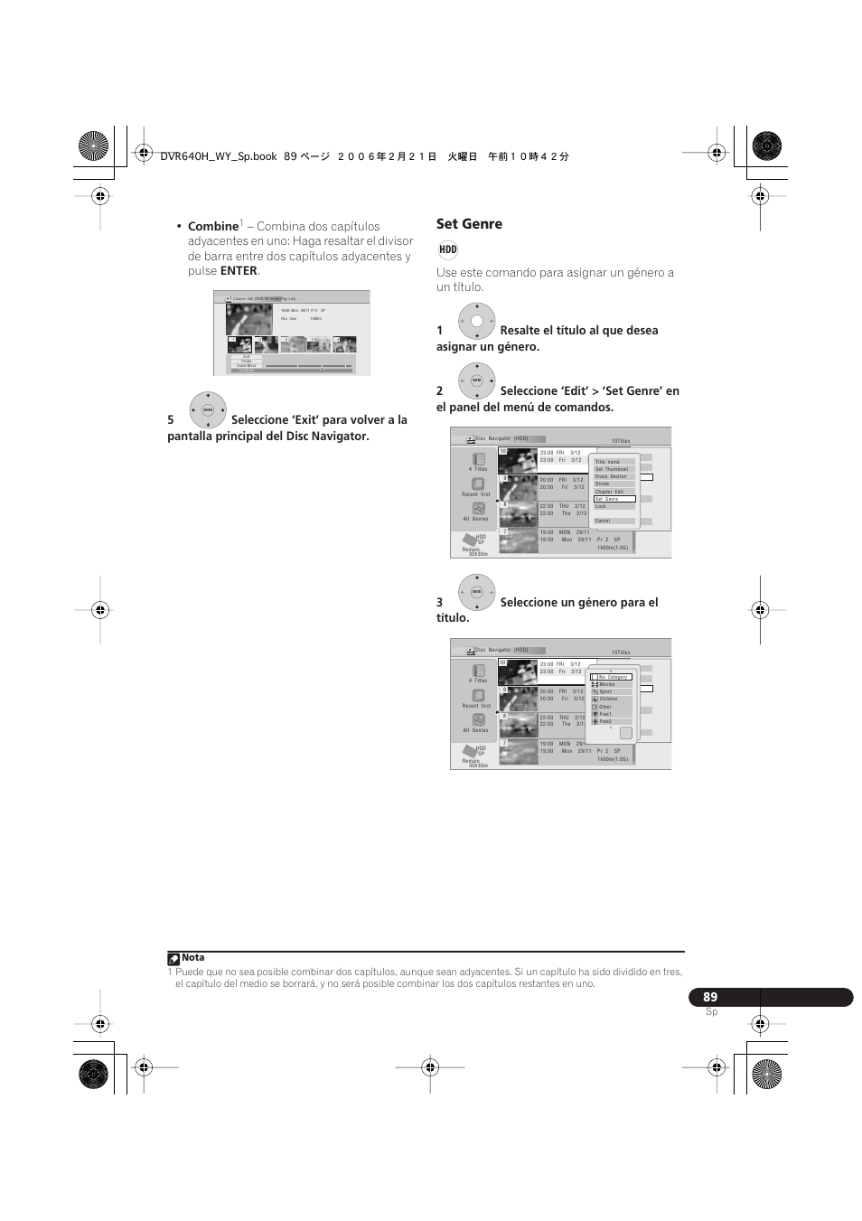 Set genre, Combine, Enter | Pioneer DVR-540H-S User Manual | Page 89 / 144