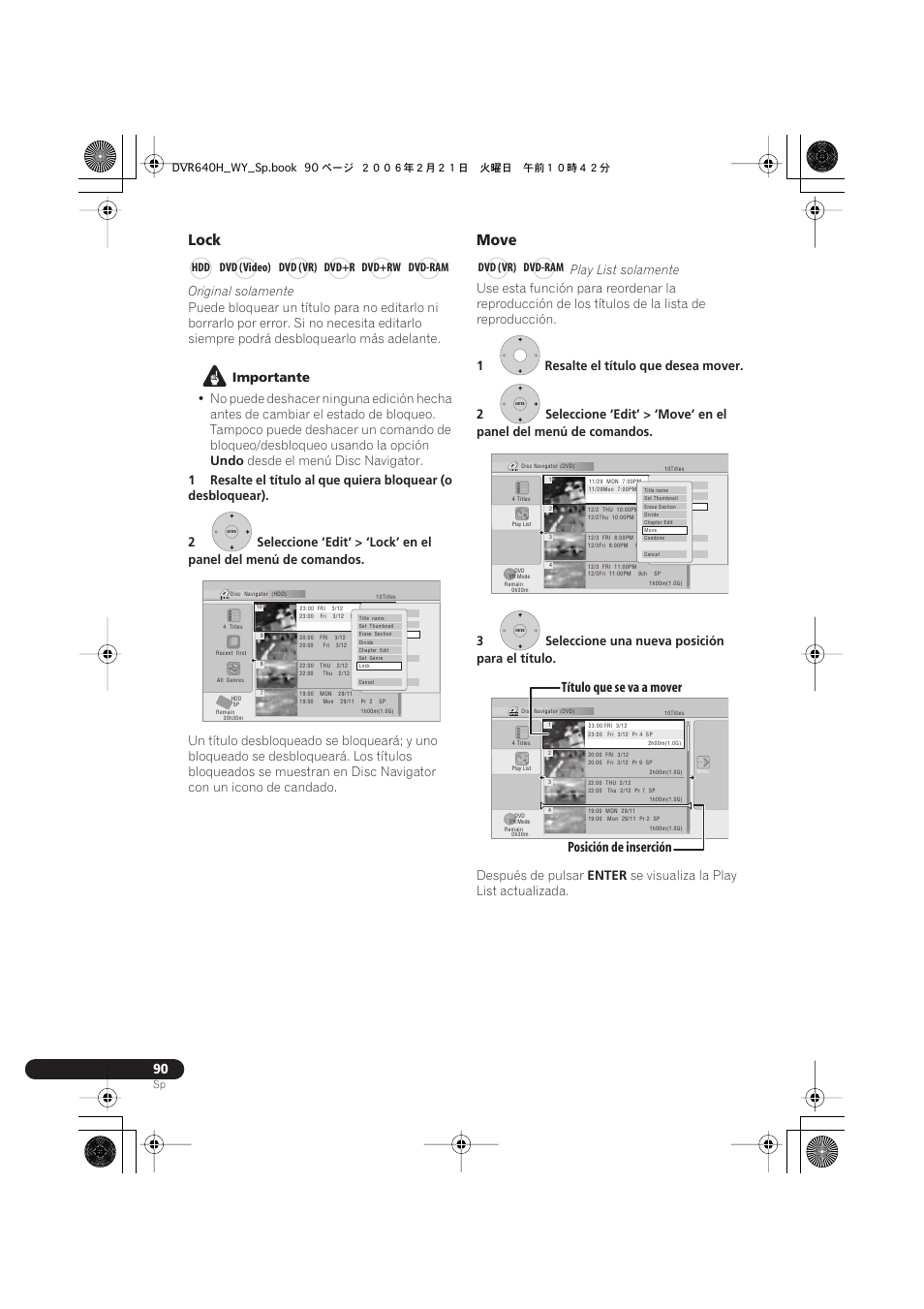 Lock, Move, Posición de inserción título que se va a mover | Original solamente, Importante, Undo, Desde el menú disc navigator, Play list solamente, Después de pulsar, Enter | Pioneer DVR-540H-S User Manual | Page 90 / 144
