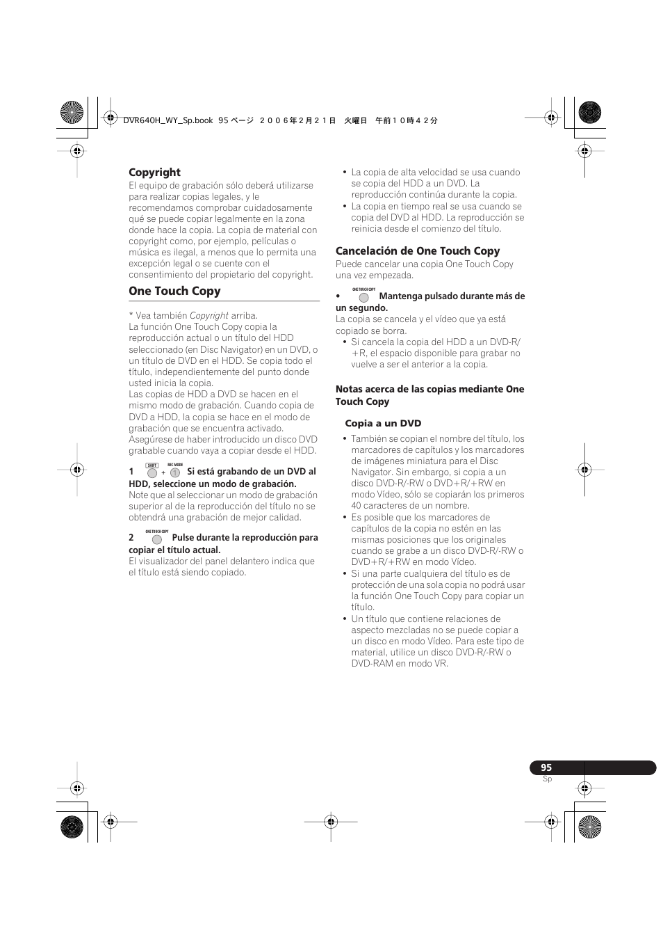 One touch copy | Pioneer DVR-540H-S User Manual | Page 95 / 144