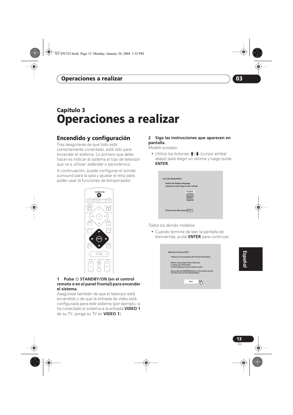 03 operaciones a realizar, Encendido y configuración, Operaciones a realizar | Operaciones a realizar 03, Capítulo 3 | Pioneer DCS-424 User Manual | Page 13 / 74