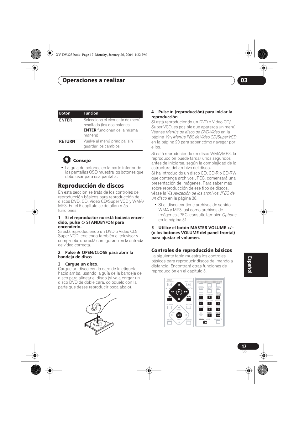 Reproducción de discos, Controles de reproducción básicos, Operaciones a realizar 03 | Enter, Return | Pioneer DCS-424 User Manual | Page 17 / 74