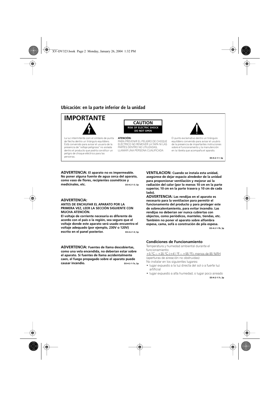 Importante, Ubicación: en la parte inferior de la unidad, Caution | Pioneer DCS-424 User Manual | Page 2 / 74