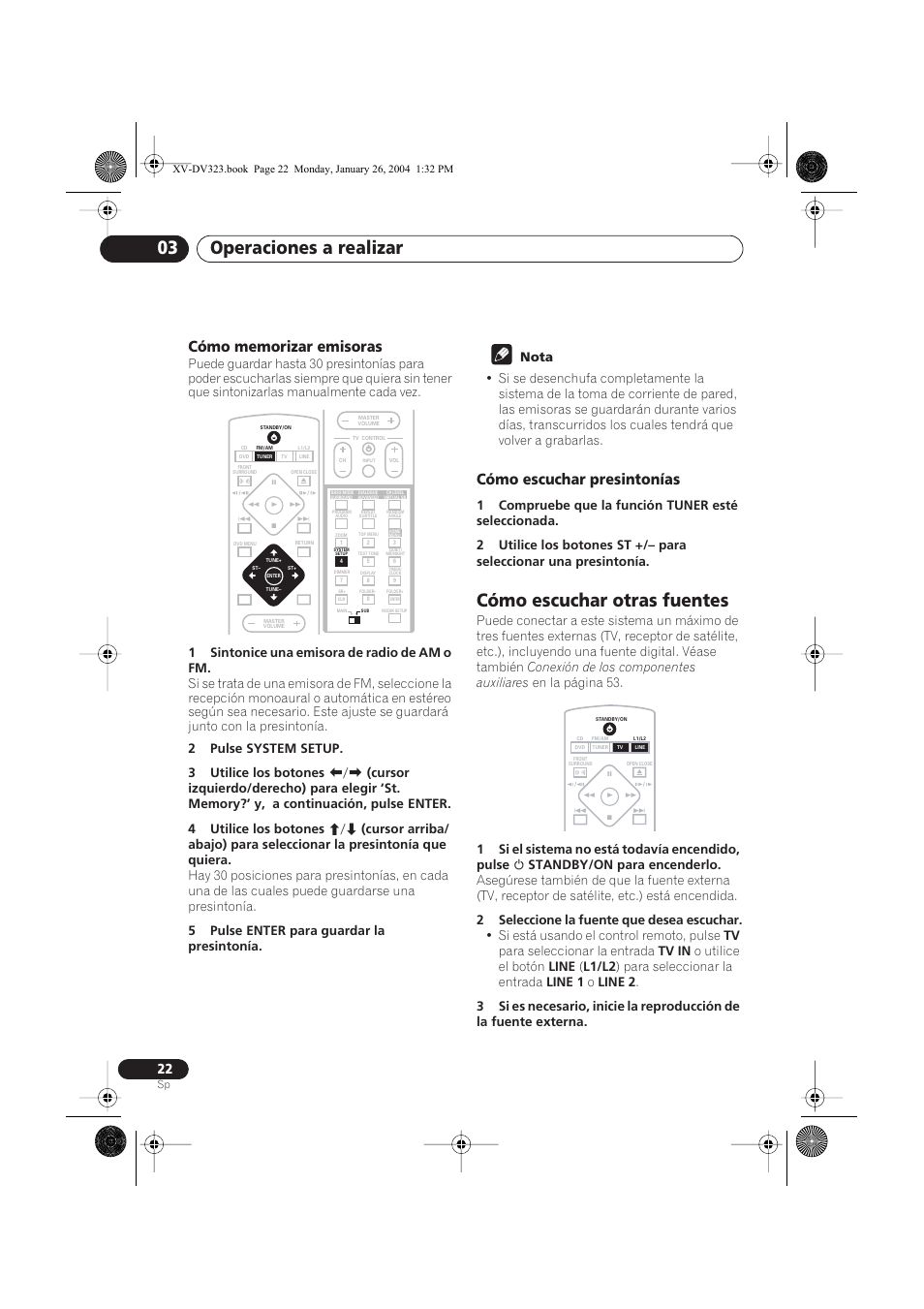Cómo memorizar emisoras, Cómo escuchar presintonías, Cómo escuchar otras fuentes | Operaciones a realizar 03 | Pioneer DCS-424 User Manual | Page 22 / 74
