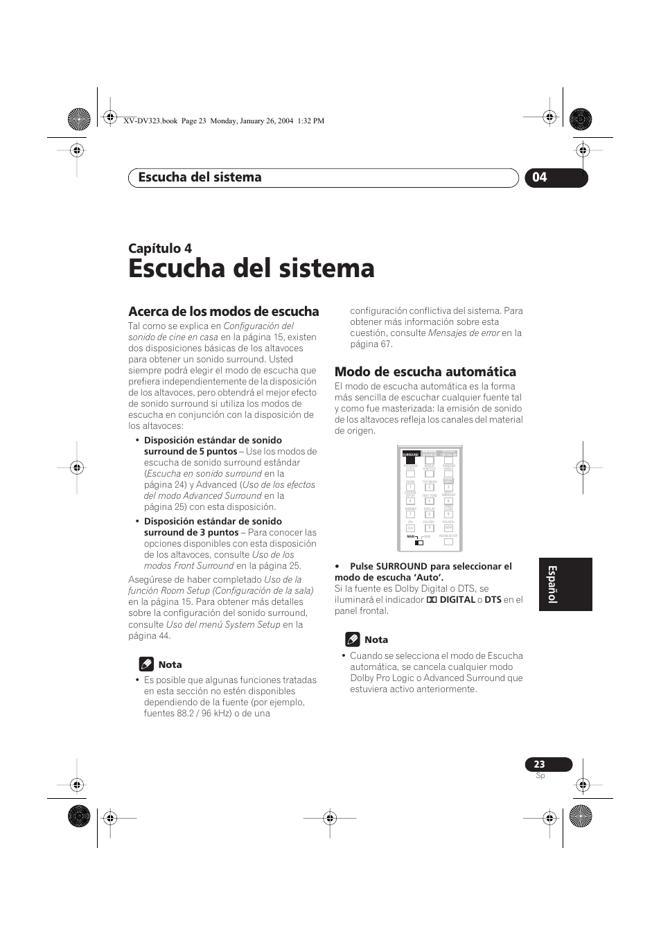 04 escucha del sistema, Acerca de los modos de escucha, Modo de escucha automática | Escucha del sistema, Escucha del sistema 04, Capítulo 4 | Pioneer DCS-424 User Manual | Page 23 / 74