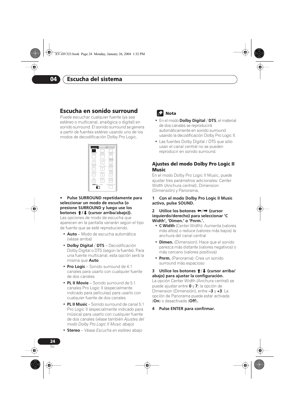 Escucha en sonido surround, Ajustes del modo dolby pro logic ii music, Escucha del sistema 04 | Pioneer DCS-424 User Manual | Page 24 / 74