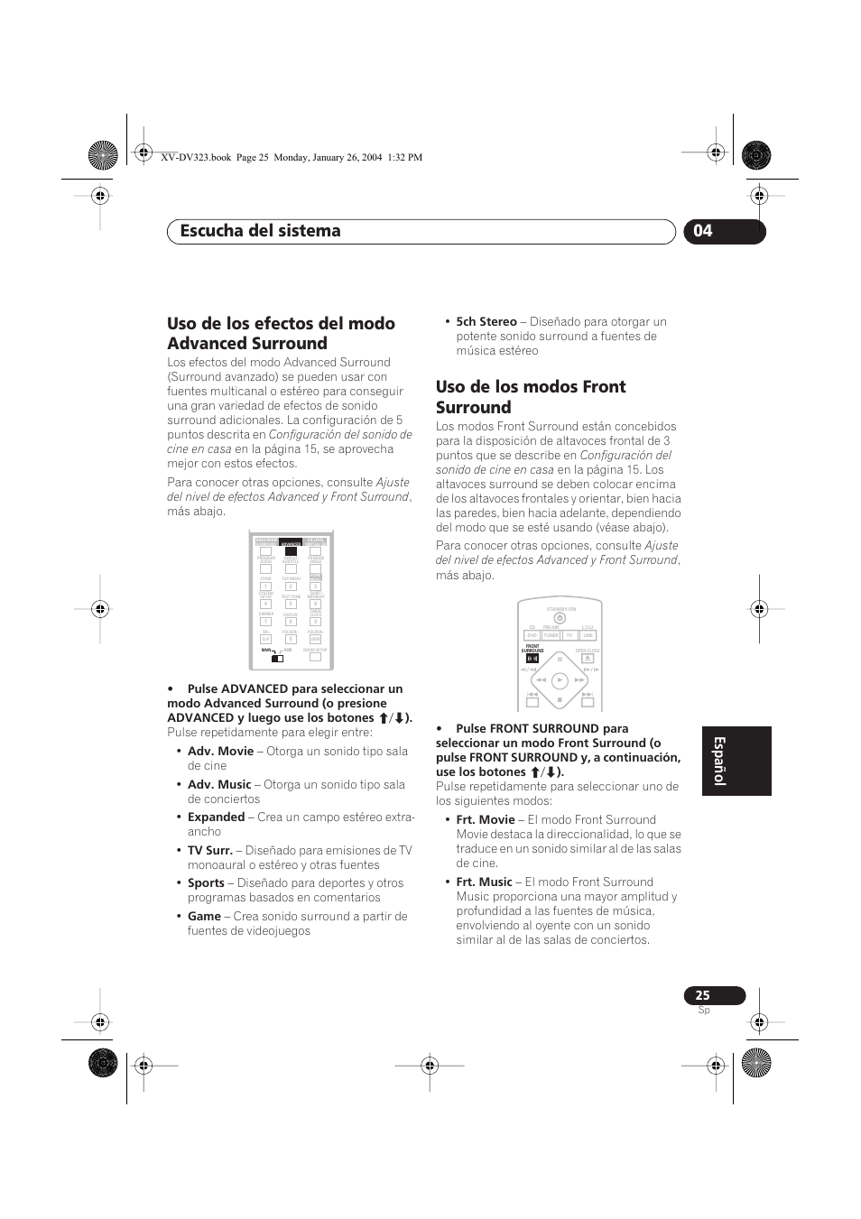 Uso de los efectos del modo advanced surround, Uso de los modos front surround, Escucha del sistema 04 | Pioneer DCS-424 User Manual | Page 25 / 74