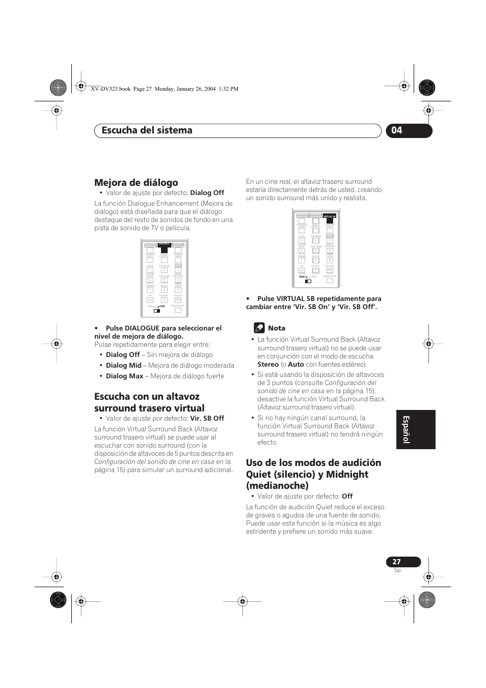 Mejora de diálogo, Escucha con un altavoz surround trasero virtual, Escucha del sistema 04 | Pioneer DCS-424 User Manual | Page 27 / 74