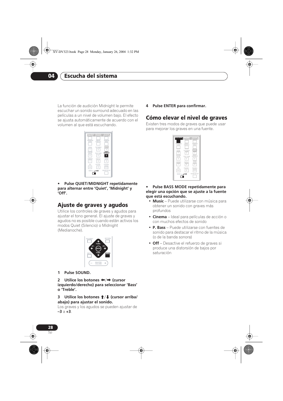 Ajuste de graves y agudos, Cómo elevar el nivel de graves, Escucha del sistema 04 | Pioneer DCS-424 User Manual | Page 28 / 74