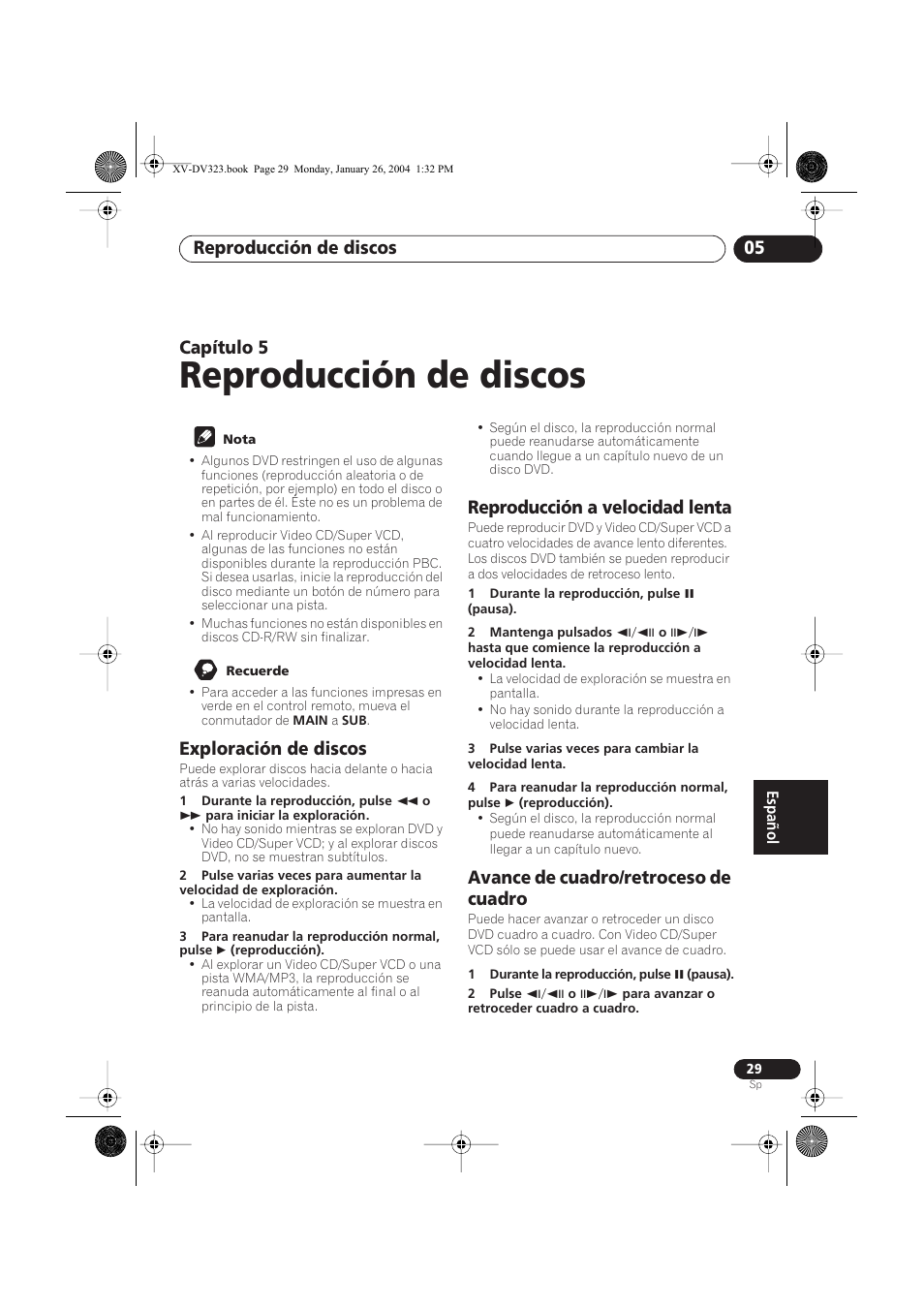 05 reproducción de discos, Exploración de discos, Reproducción a velocidad lenta | Avance de cuadro/retroceso de cuadro, Reproducción de discos, Reproducción de discos 05, Capítulo 5 | Pioneer DCS-424 User Manual | Page 29 / 74