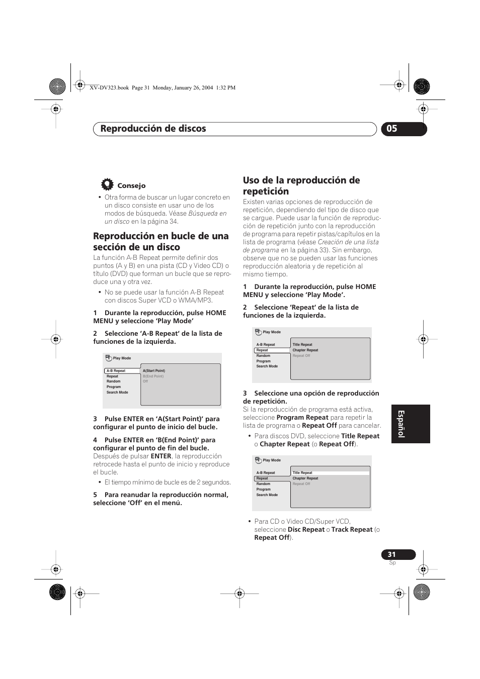 Reproducción en bucle de una sección de un disco, Uso de la reproducción de repetición, Reproducción de discos 05 | Pioneer DCS-424 User Manual | Page 31 / 74