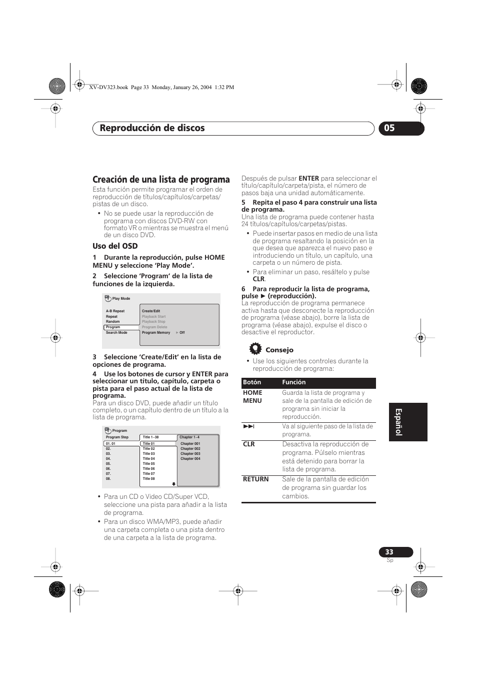 Creación de una lista de programa, Uso del osd, Reproducción de discos 05 | Pioneer DCS-424 User Manual | Page 33 / 74