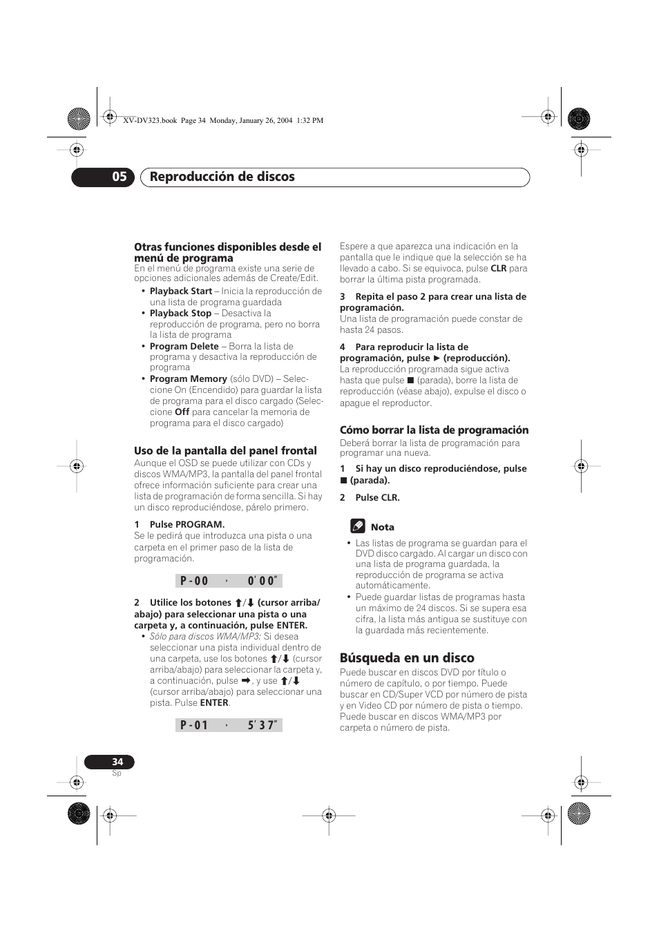 Uso de la pantalla del panel frontal, Cómo borrar la lista de programación, Búsqueda en un disco | Reproducción de discos 05 | Pioneer DCS-424 User Manual | Page 34 / 74