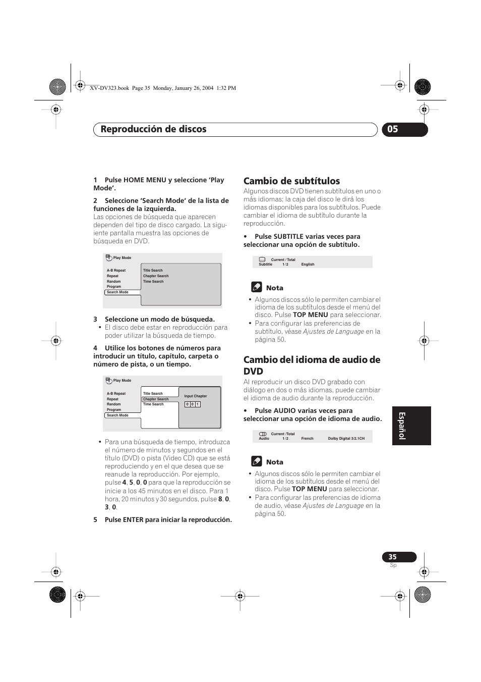 Cambio de subtítulos, Cambio del idioma de audio de dvd, Reproducción de discos 05 | Pioneer DCS-424 User Manual | Page 35 / 74