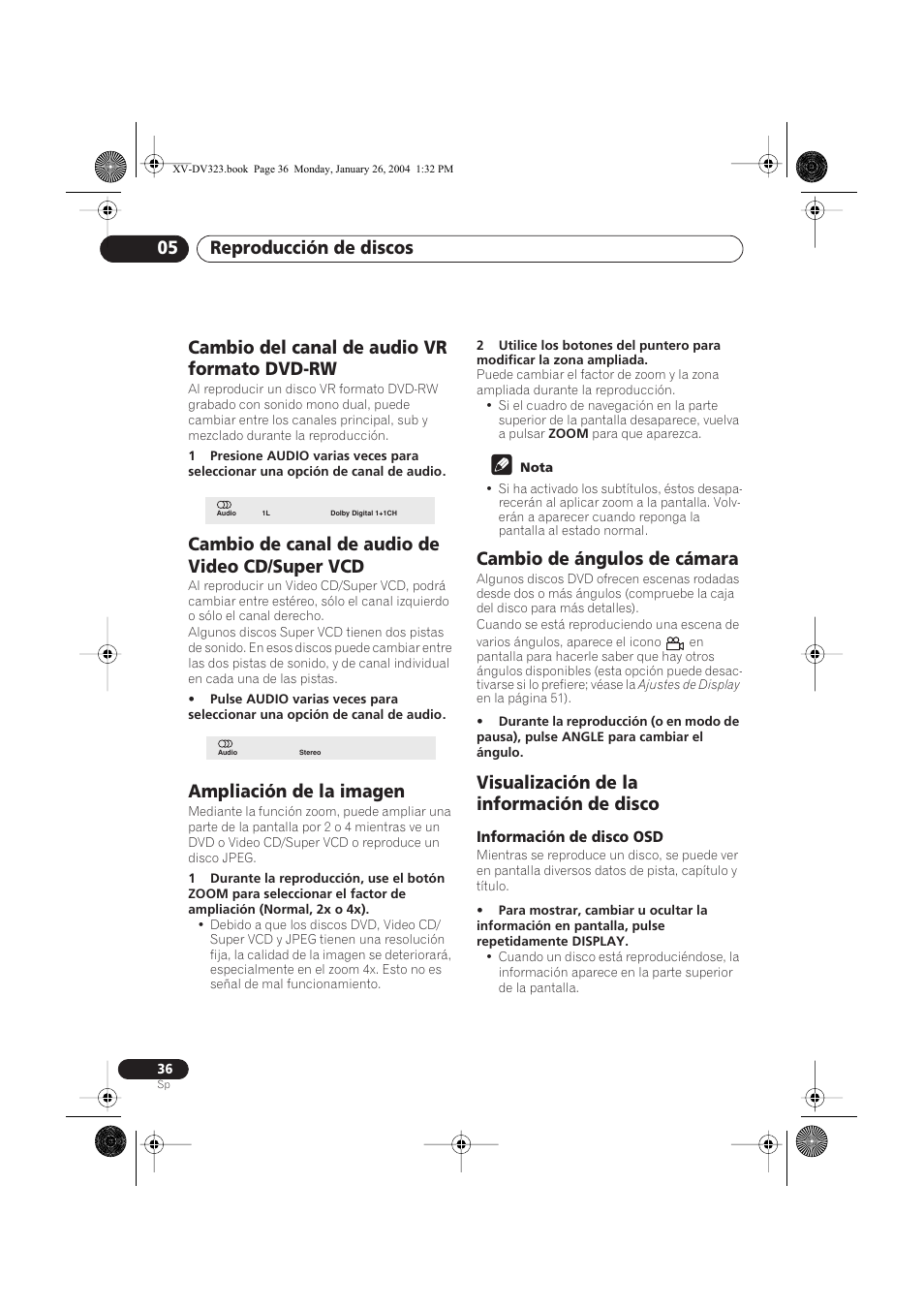 Cambio del canal de audio vr formato dvd-rw, Cambio de canal de audio de video cd/super vcd, Ampliación de la imagen | Cambio de ángulos de cámara, Visualización de la información de disco, Información de disco osd, Reproducción de discos 05 | Pioneer DCS-424 User Manual | Page 36 / 74