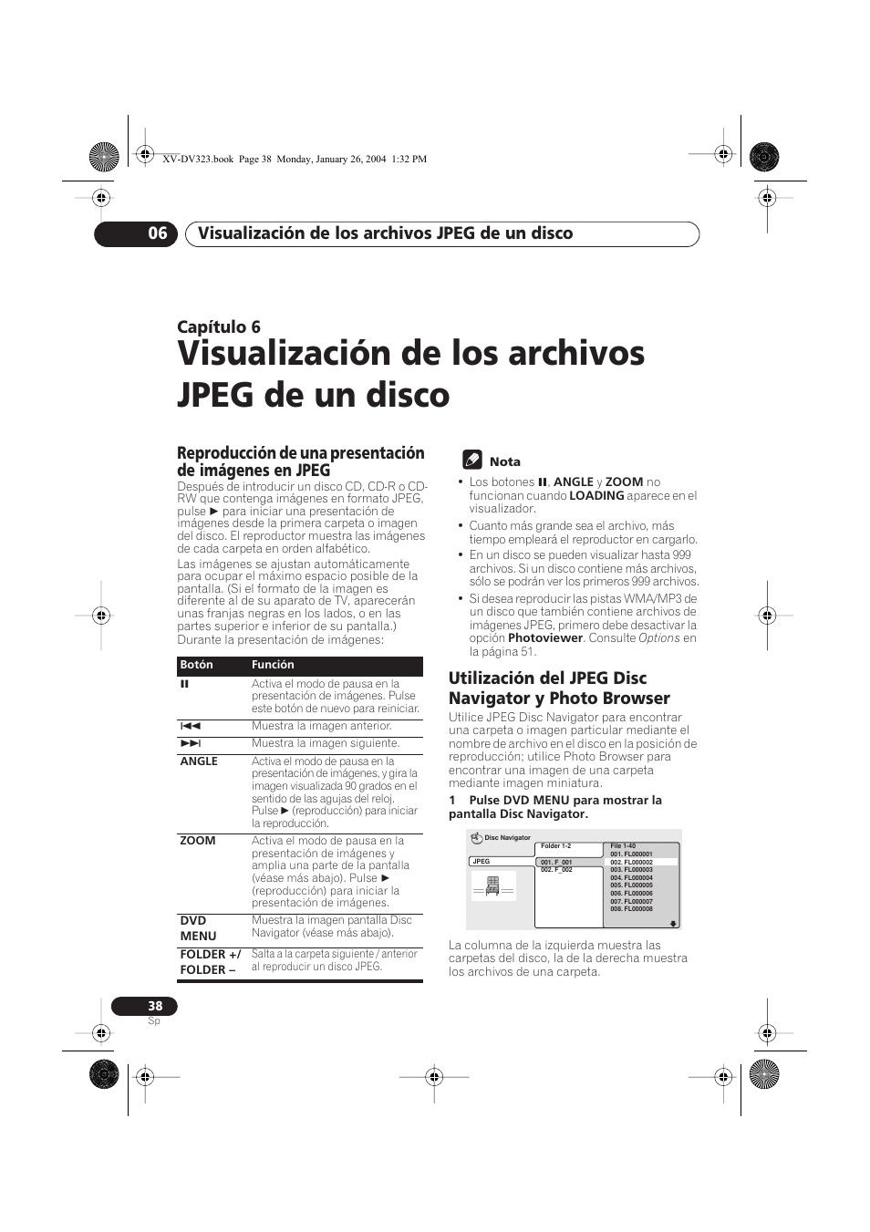 06 visualización de los archivos jpeg de un disco, Visualización de los archivos jpeg de un disco, Visualización de los archivos jpeg de un disco 06 | Capítulo 6 | Pioneer DCS-424 User Manual | Page 38 / 74