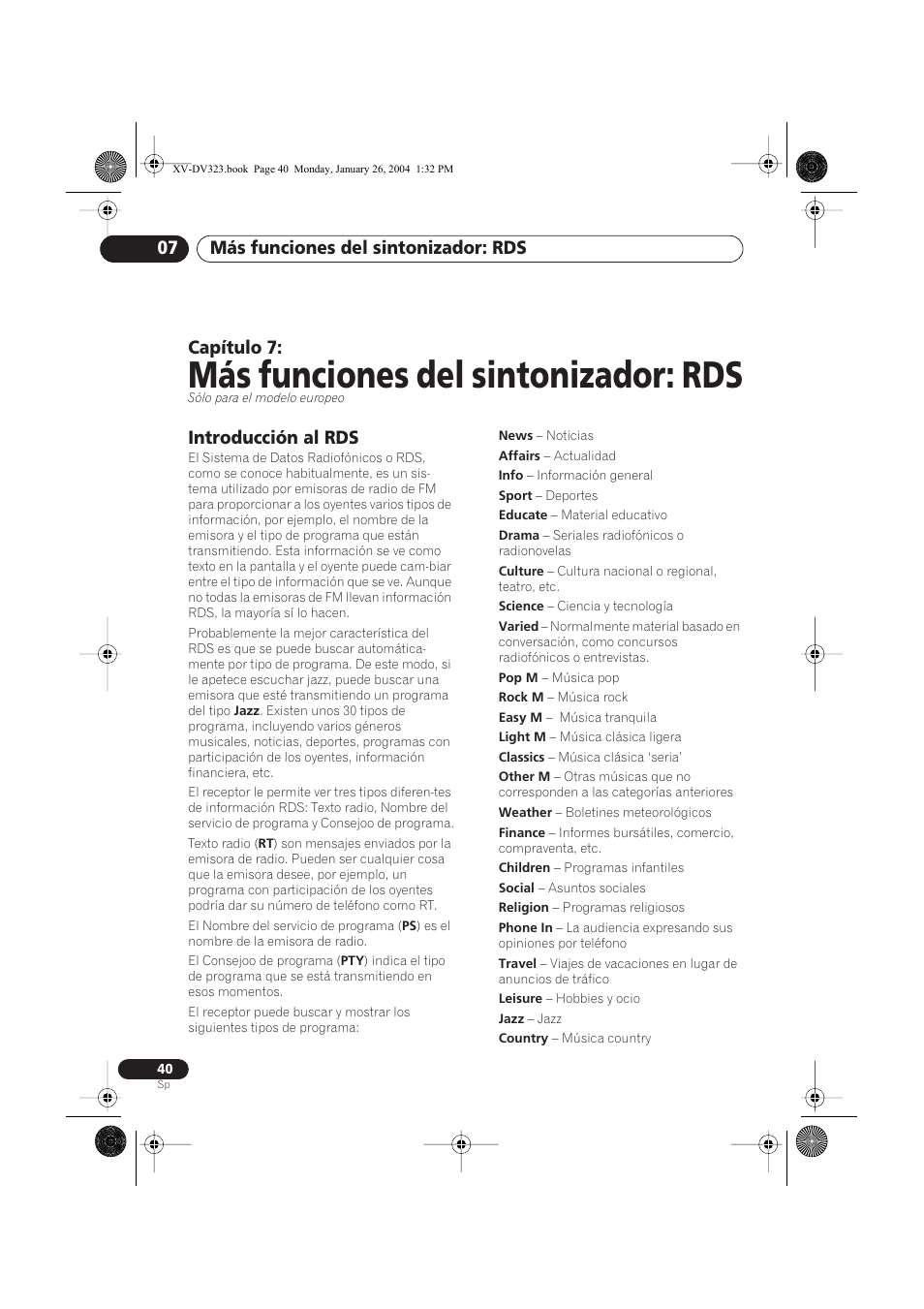 07 más funciones del sintonizador: rds, Introducción al rds, Más funciones del sintonizador: rds | Más funciones del sintonizador: rds 07, Capítulo 7 | Pioneer DCS-424 User Manual | Page 40 / 74