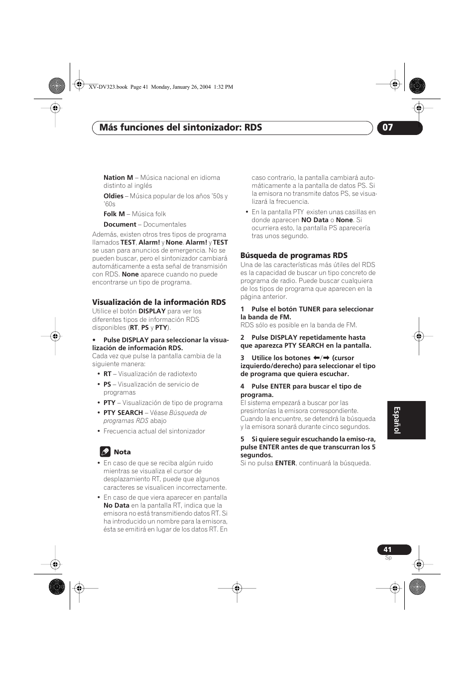 Visualización de la información rds, Búsqueda de programas rds, Más funciones del sintonizador: rds 07 | Pioneer DCS-424 User Manual | Page 41 / 74