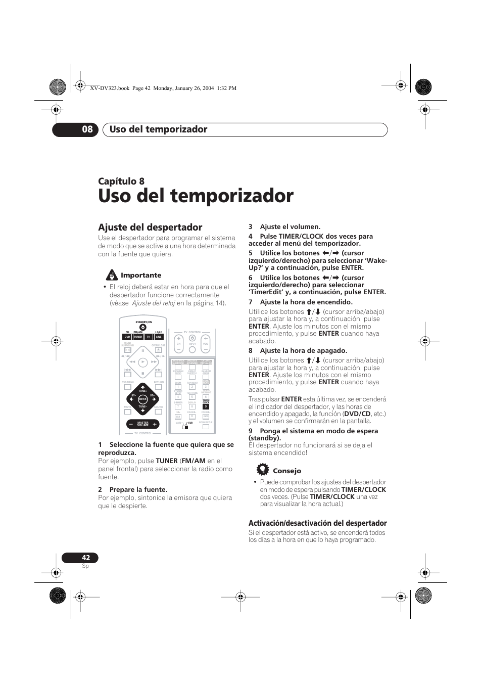 08 uso del temporizador, Ajuste del despertador, Activación/desactivación del despertador | Uso del temporizador, Uso del temporizador 08, Capítulo 8 | Pioneer DCS-424 User Manual | Page 42 / 74