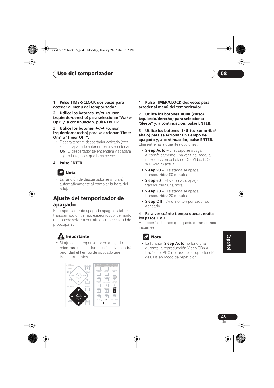 Ajuste del temporizador de apagado, Uso del temporizador 08 | Pioneer DCS-424 User Manual | Page 43 / 74