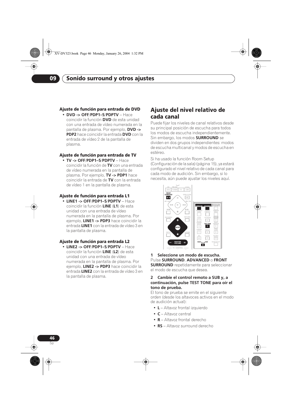 Ajuste del nivel relativo de cada canal, Sonido surround y otros ajustes 09, Ajuste de función para entrada de dvd | Ajuste de función para entrada de tv, Ajuste de función para entrada l1, Ajuste de función para entrada l2 | Pioneer DCS-424 User Manual | Page 46 / 74