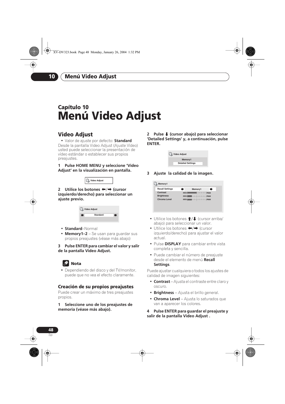 10 menú video adjust, Video adjust, Creación de su propios preajustes | Menú video adjust, Menú video adjust 10, Capítulo 10 | Pioneer DCS-424 User Manual | Page 48 / 74