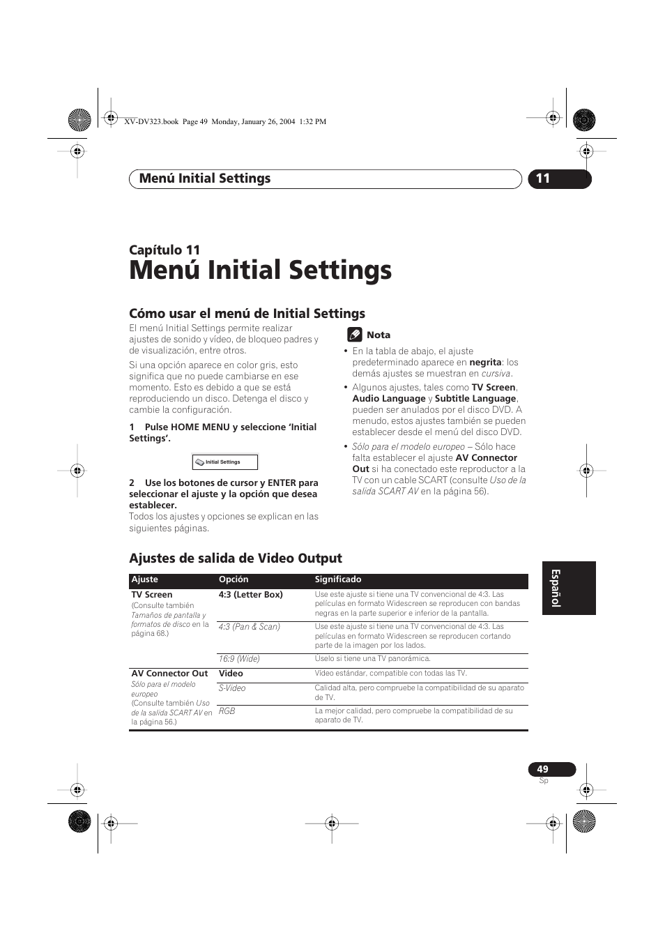 11 menú initial settings, Cómo usar el menú de initial settings, Ajustes de salida de video output | Menú initial settings, Menú initial settings 11, Capítulo 11 | Pioneer DCS-424 User Manual | Page 49 / 74