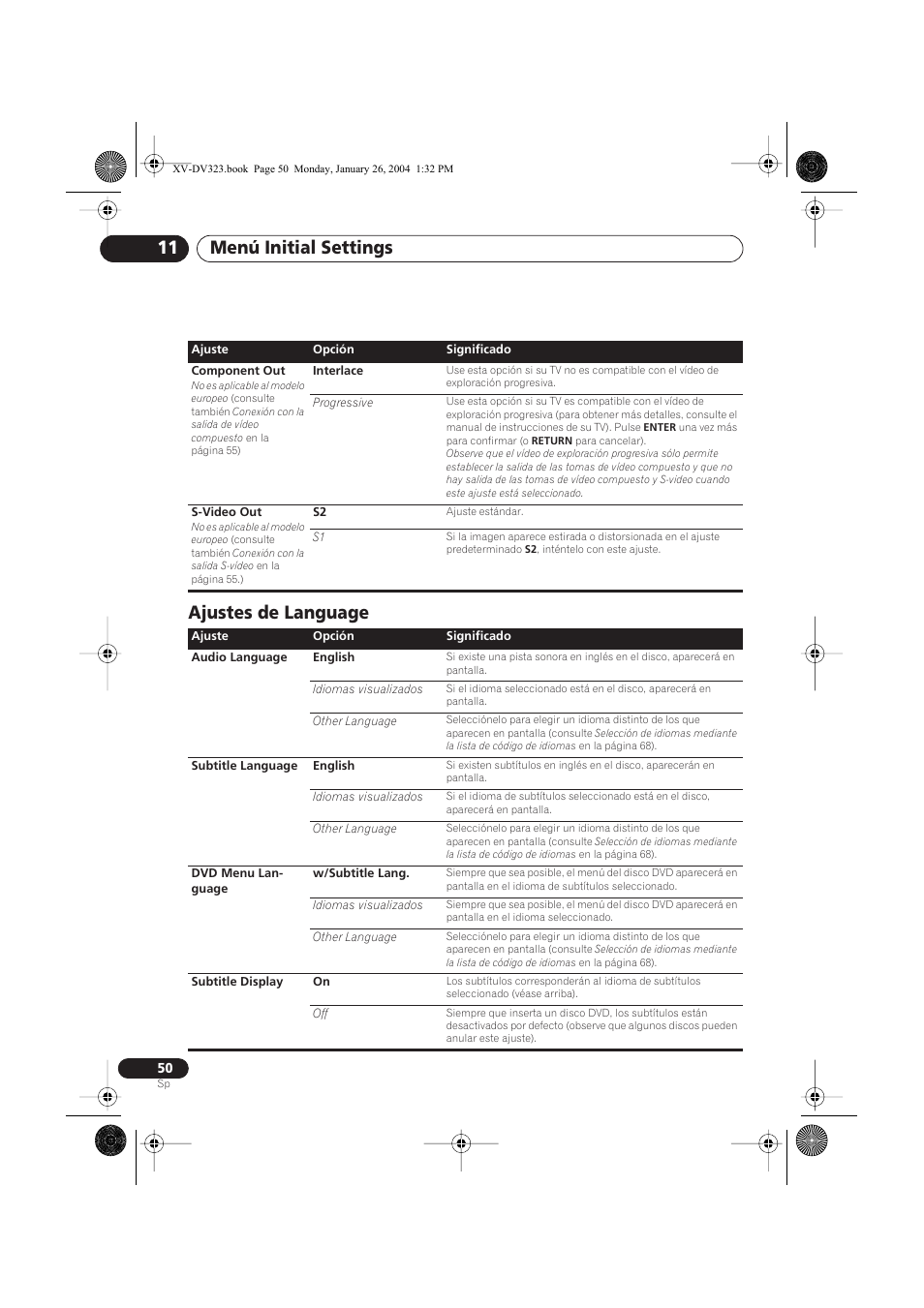 Ajustes de language, Menú initial settings 11 | Pioneer DCS-424 User Manual | Page 50 / 74
