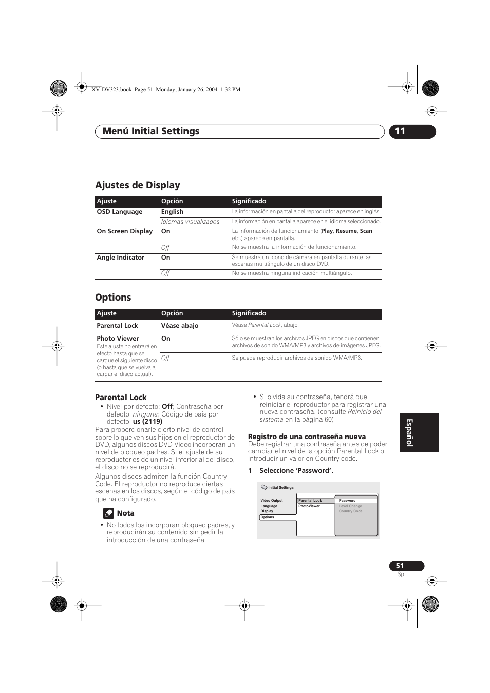 Ajustes de display, Options, Parental lock | Menú initial settings 11, Ajustes de display options | Pioneer DCS-424 User Manual | Page 51 / 74