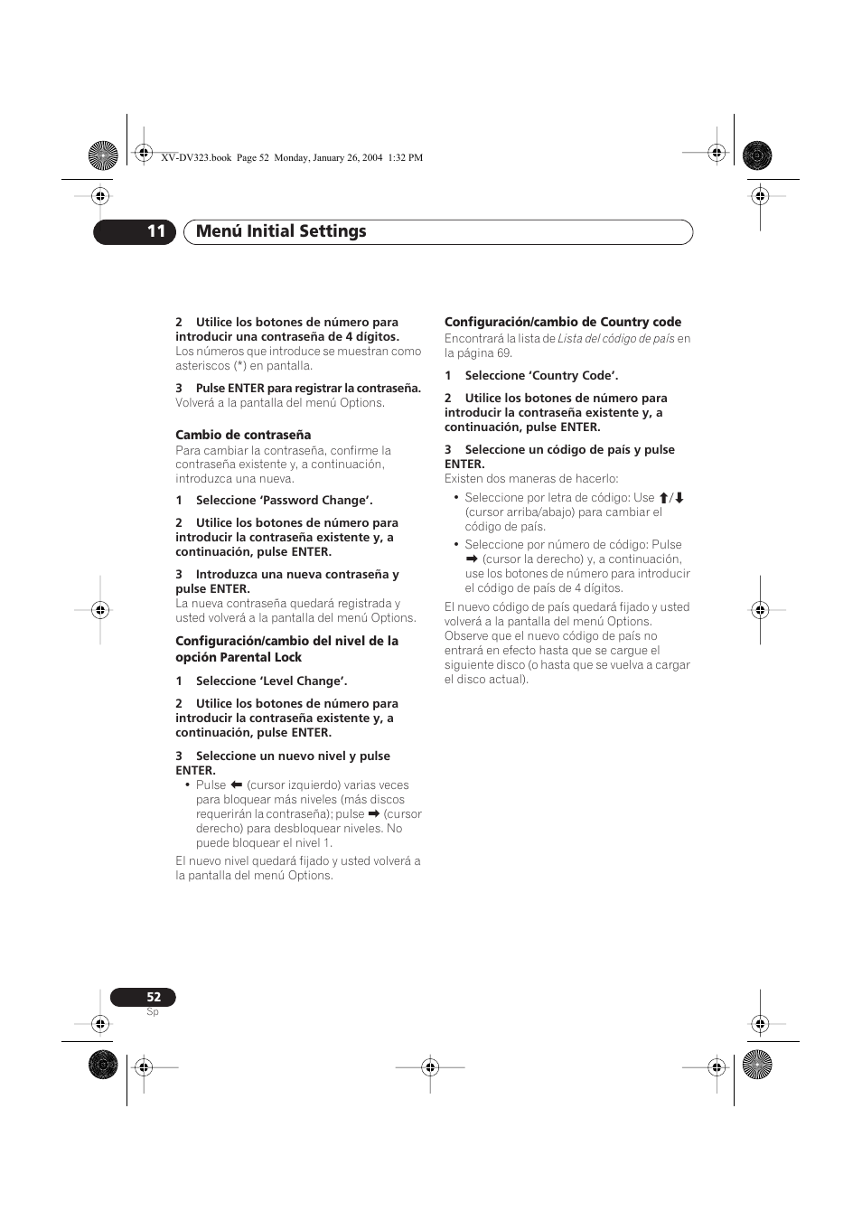 Menú initial settings 11 | Pioneer DCS-424 User Manual | Page 52 / 74