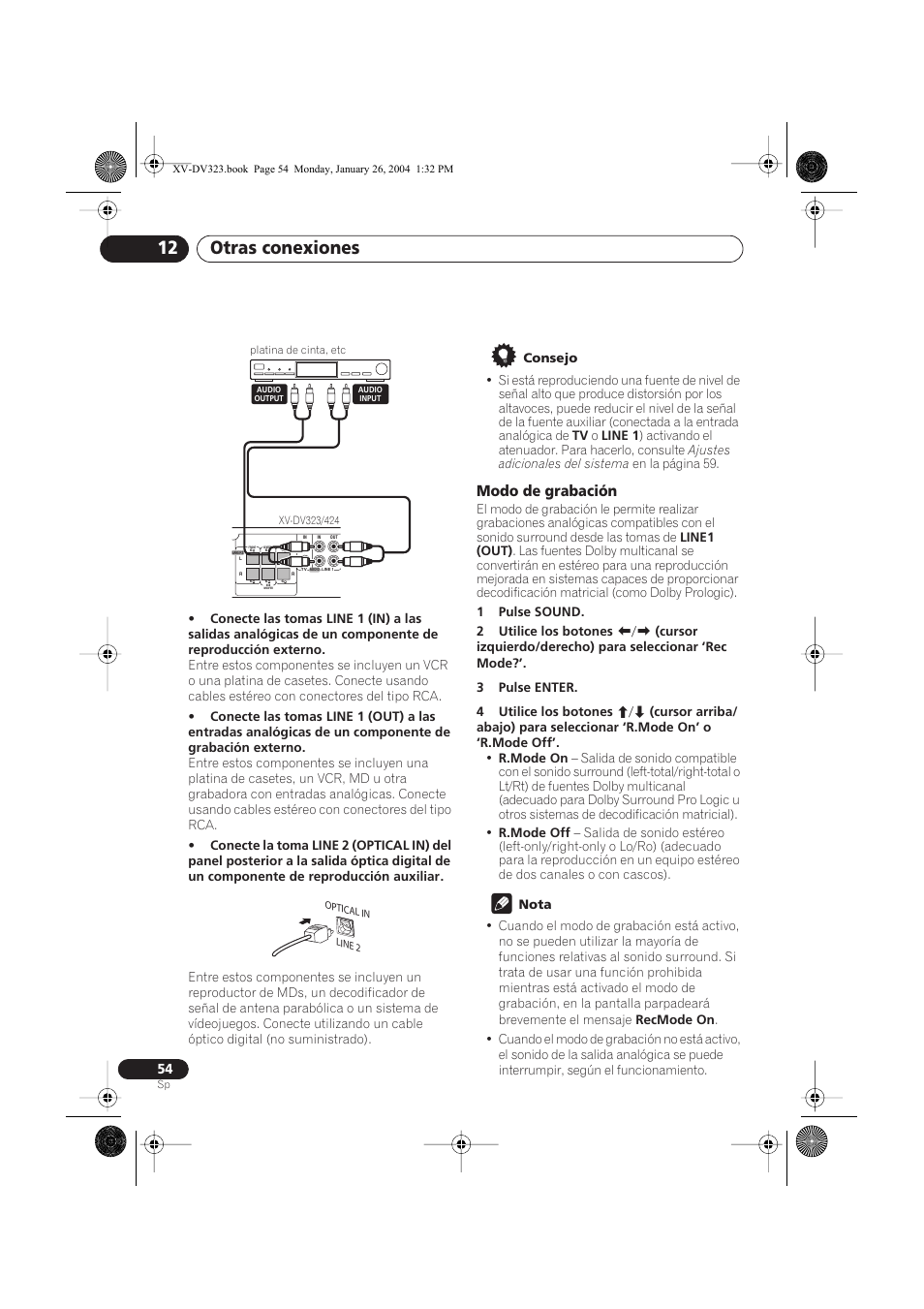 Modo de grabación, Otras conexiones 12 | Pioneer DCS-424 User Manual | Page 54 / 74