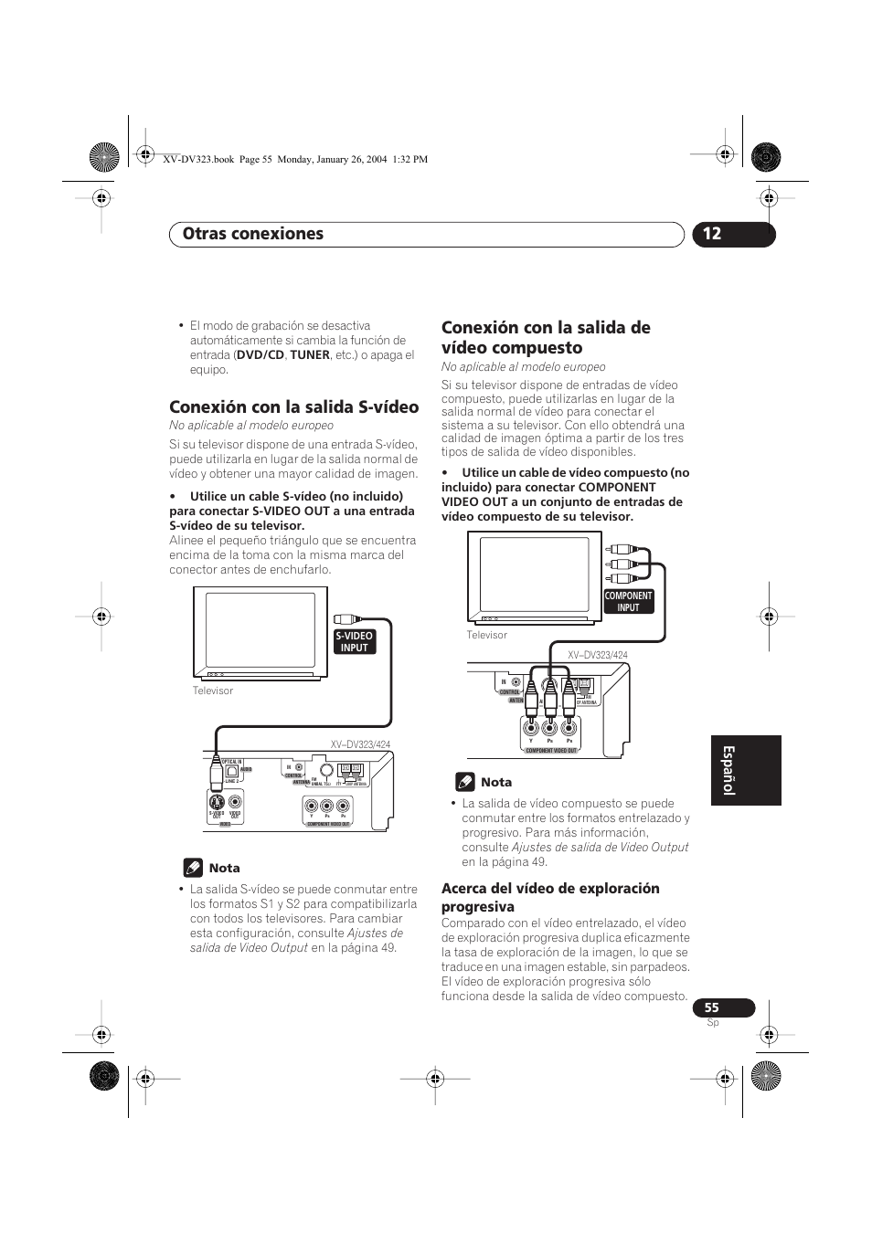 Conexión con la salida s-vídeo, Conexión con la salida de vídeo compuesto, Acerca del vídeo de exploración progresiva | Otras conexiones 12 | Pioneer DCS-424 User Manual | Page 55 / 74