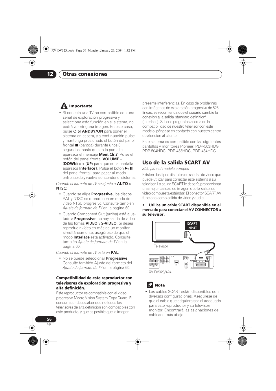 Uso de la salida scart av, Otras conexiones 12 | Pioneer DCS-424 User Manual | Page 56 / 74