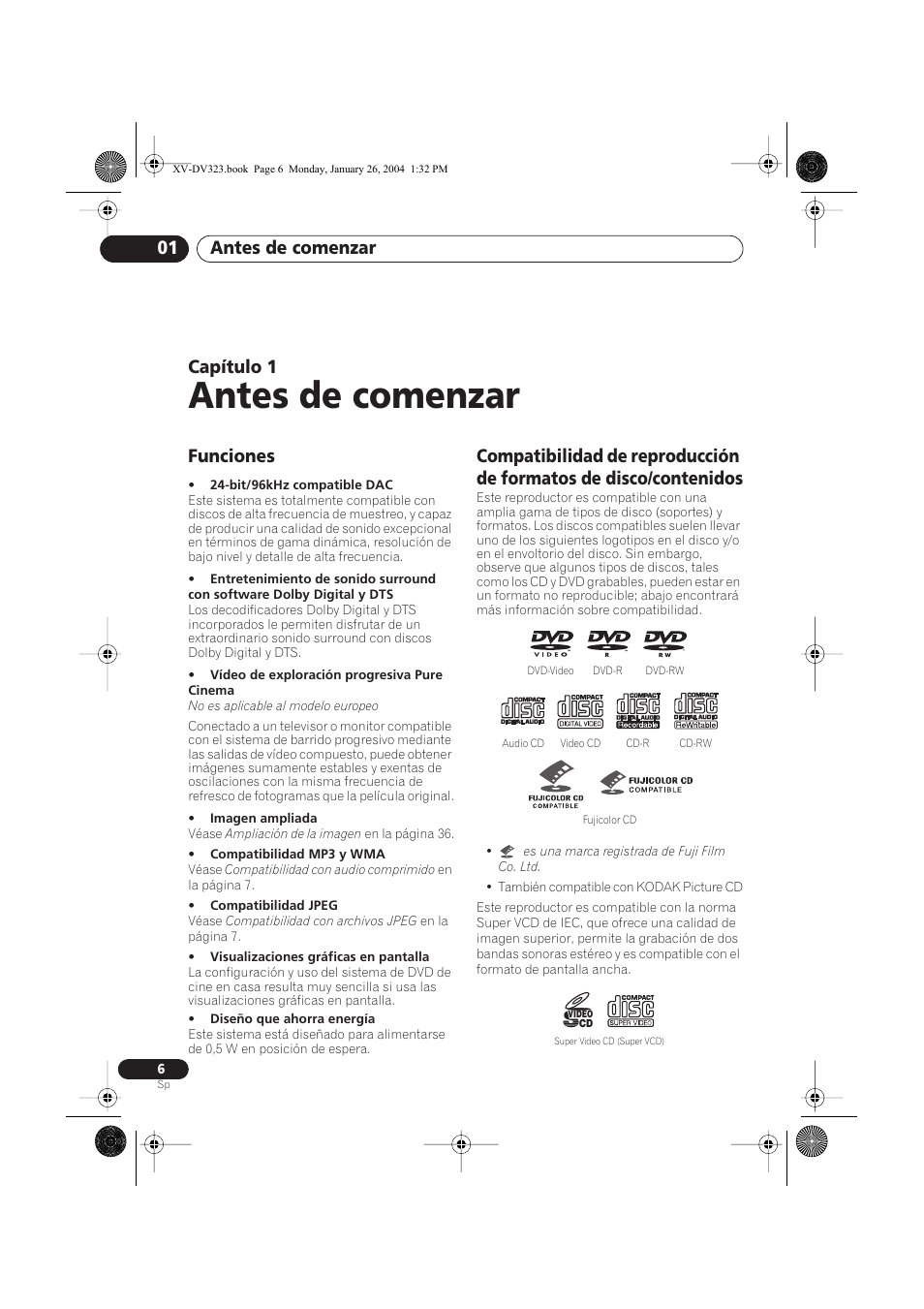 01 antes de comenzar, Funciones, Antes de comenzar | Antes de comenzar 01, Capítulo 1 | Pioneer DCS-424 User Manual | Page 6 / 74