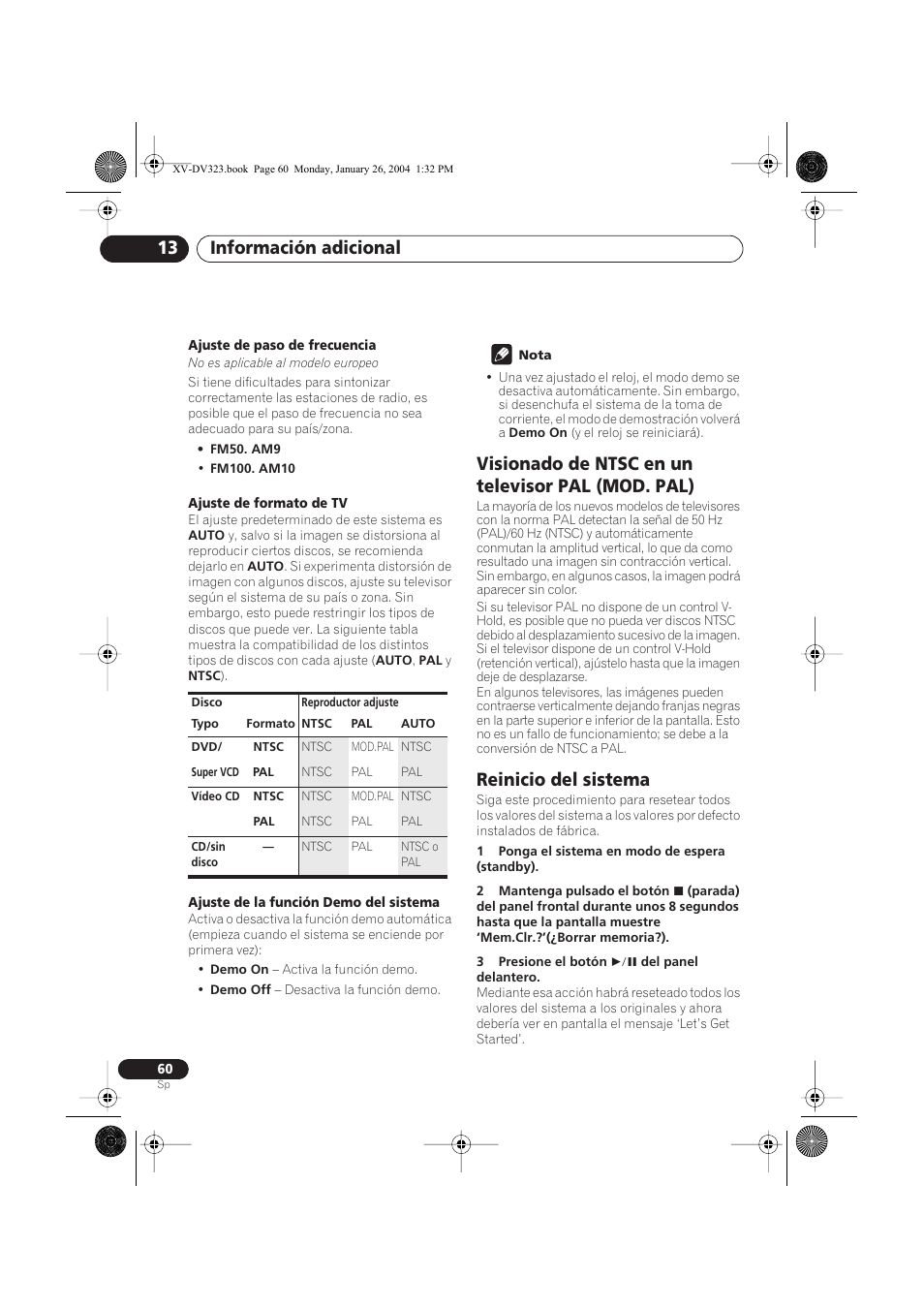 Visionado de ntsc en un televisor pal (mod. pal), Reinicio del sistema, Información adicional 13 | Pioneer DCS-424 User Manual | Page 60 / 74