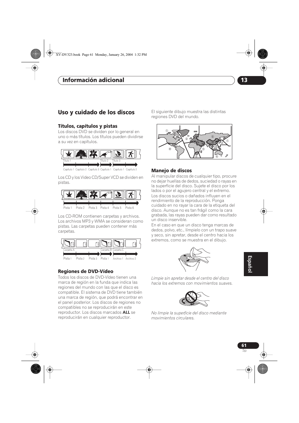 Uso y cuidado de los discos, Títulos, capítulos y pistas, Regiones de dvd-vídeo | Manejo de discos, Información adicional 13 | Pioneer DCS-424 User Manual | Page 61 / 74